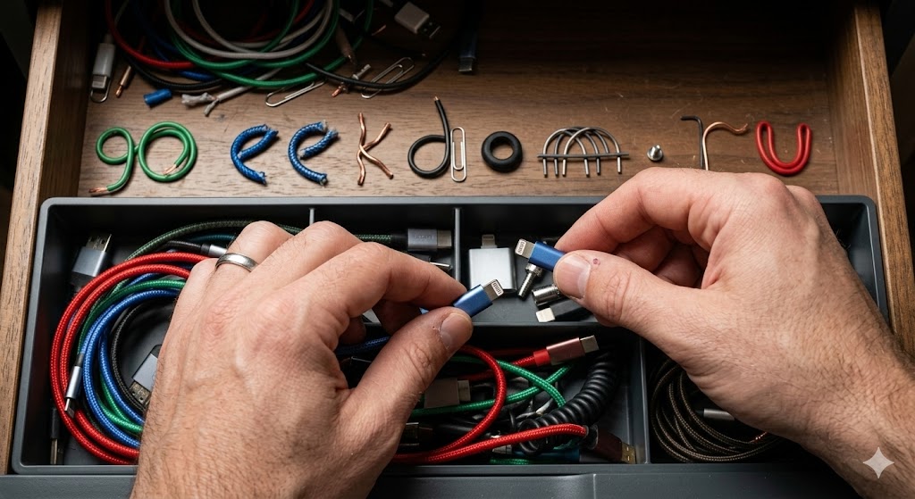 Процесс организации хранения проводов в ящике стола.