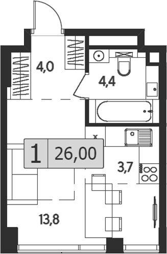 Студия 26,00 м²