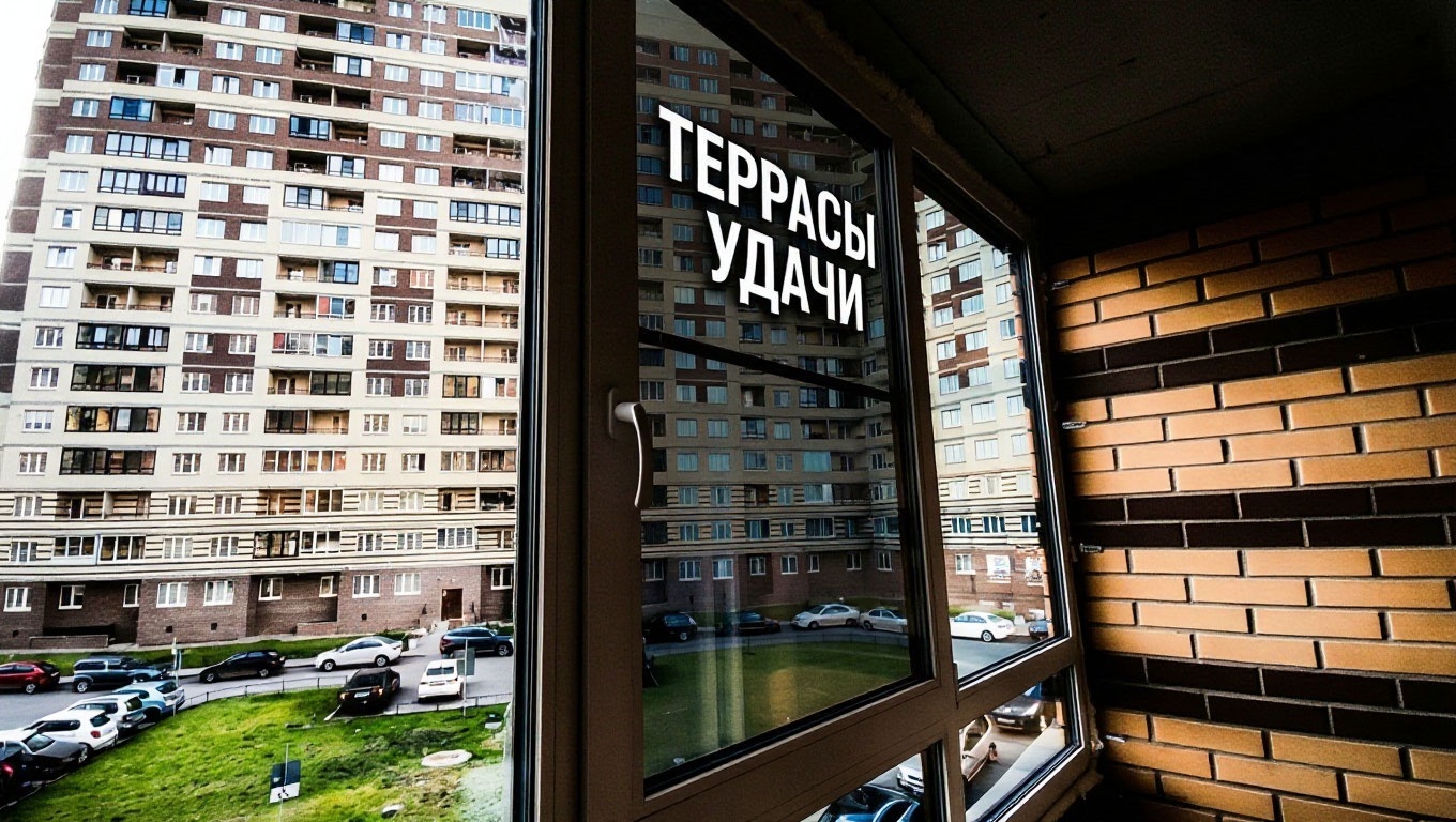 Балкон с кирпичной стеной и тёмным профилем окон