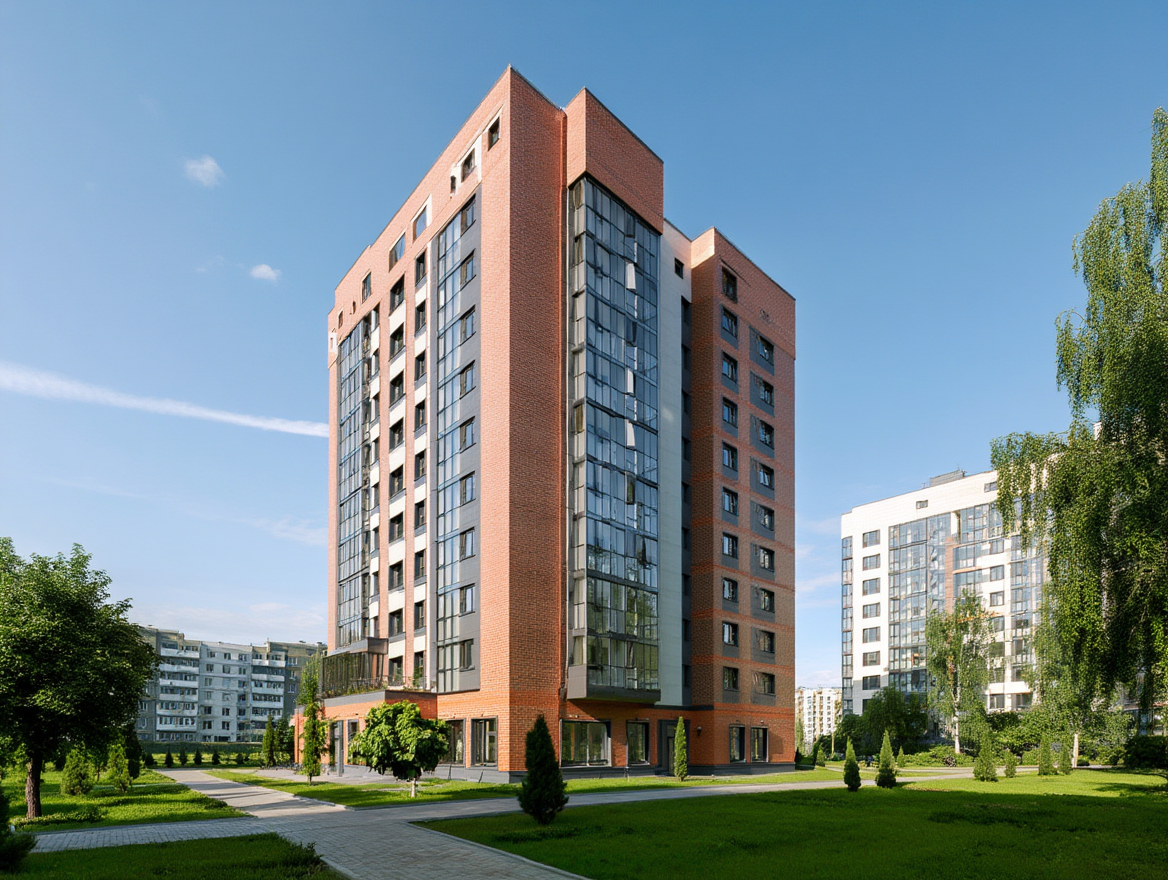 Современная новостройка в Москве с кирпичным фасадом и панорамным остеклением - многоквартирный жилой дом где устанавливают натяжные потолки