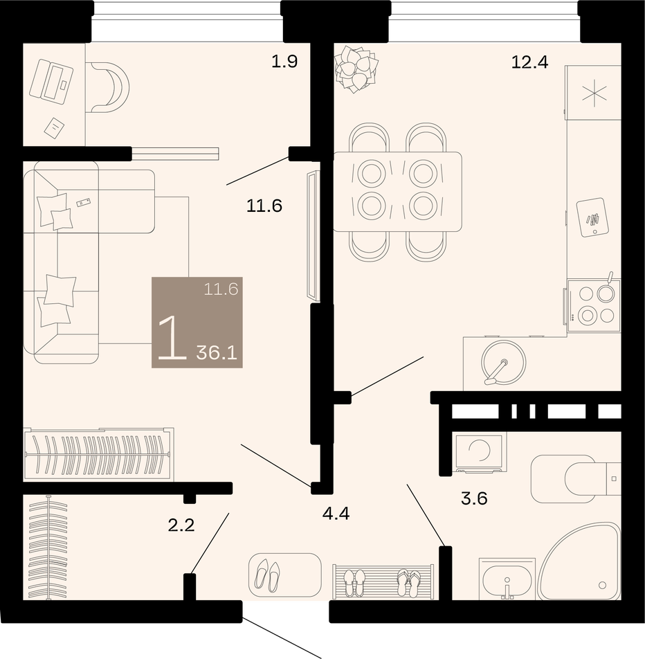 Однокомнатная квартира 36.1 м²