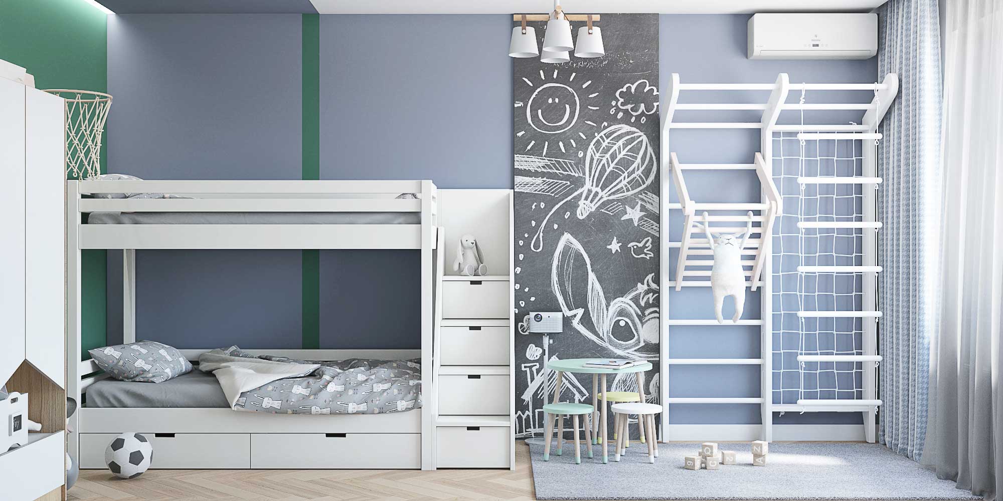 Детская в скандинавском стиле с синими и зелеными стенами для мальчиков. Меловая доска и шведская стенка 