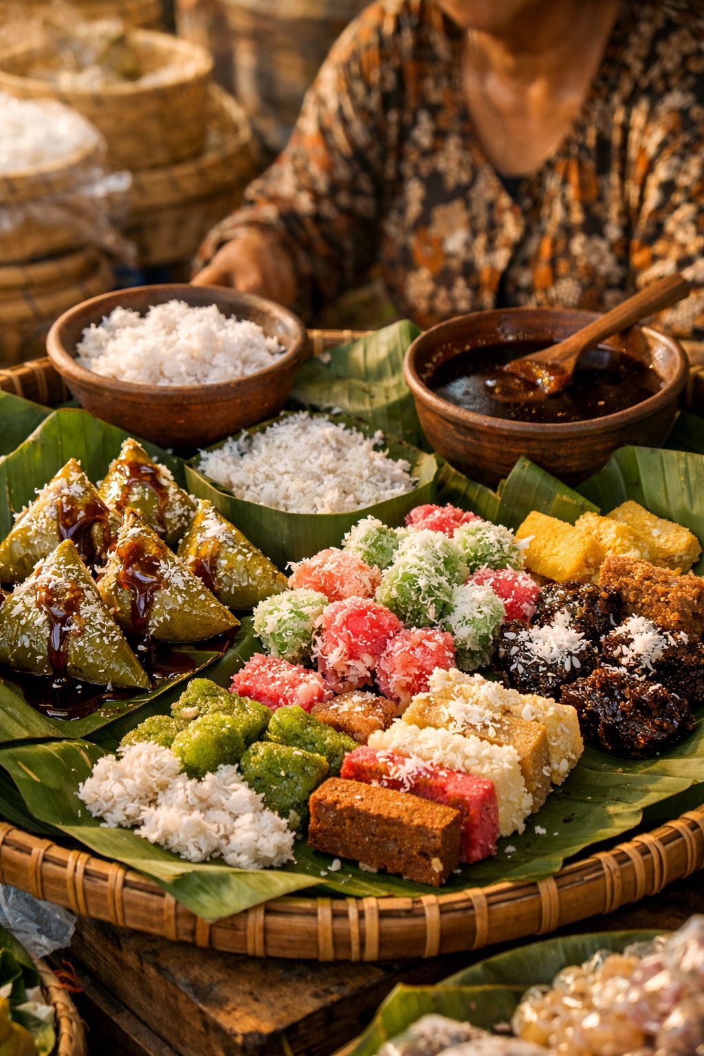 Lupis, cenil, dan lenjongan sebagai jajanan pasar tradisional Indonesia dengan kelapa parut dan gula merah
