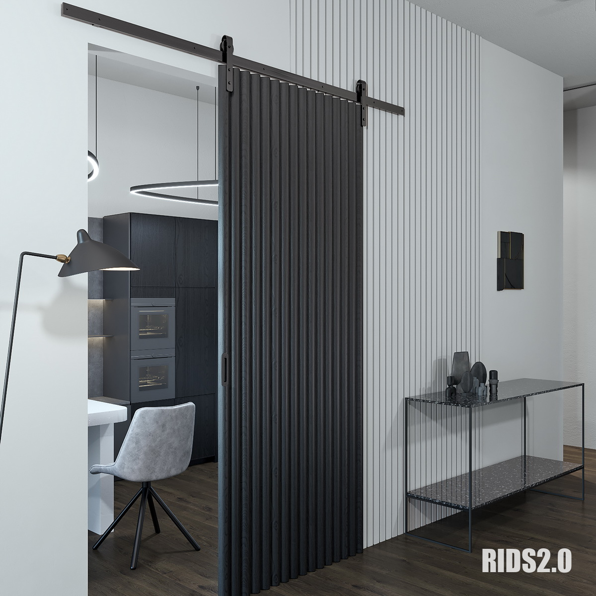 Черная амбарная дверь для серого интерьера