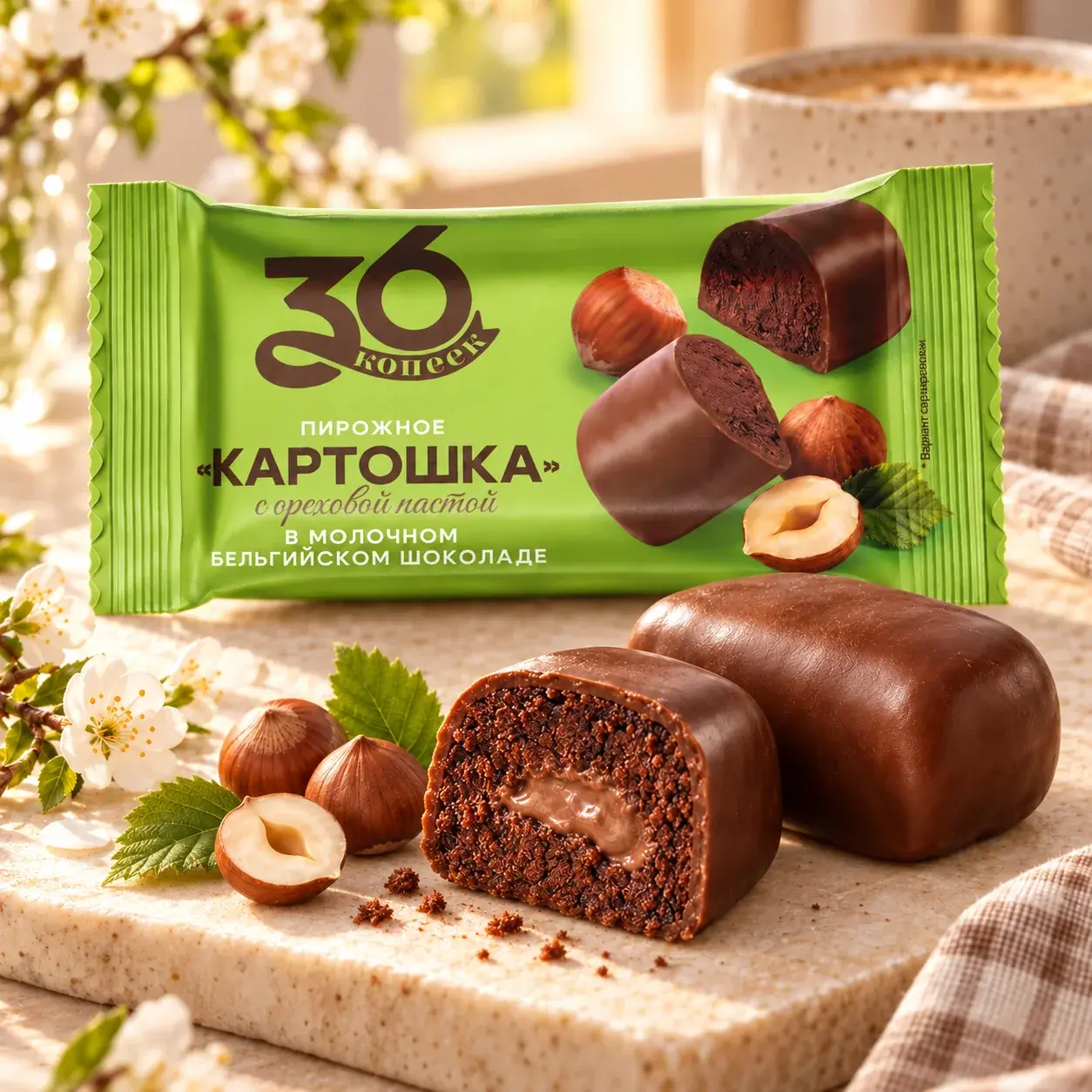 Пирожное «картошка» с ореховой пастой в молочном бельгийском шоколаде — упаковка 36 копеек