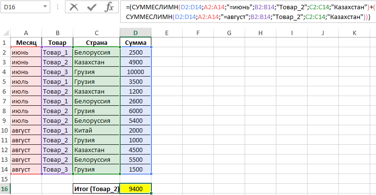 Суммеслимн в excel много условий