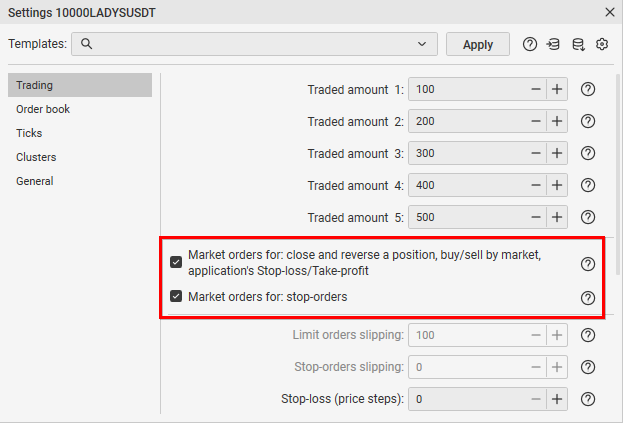 Options to use market orders in the CScalp trading terminal