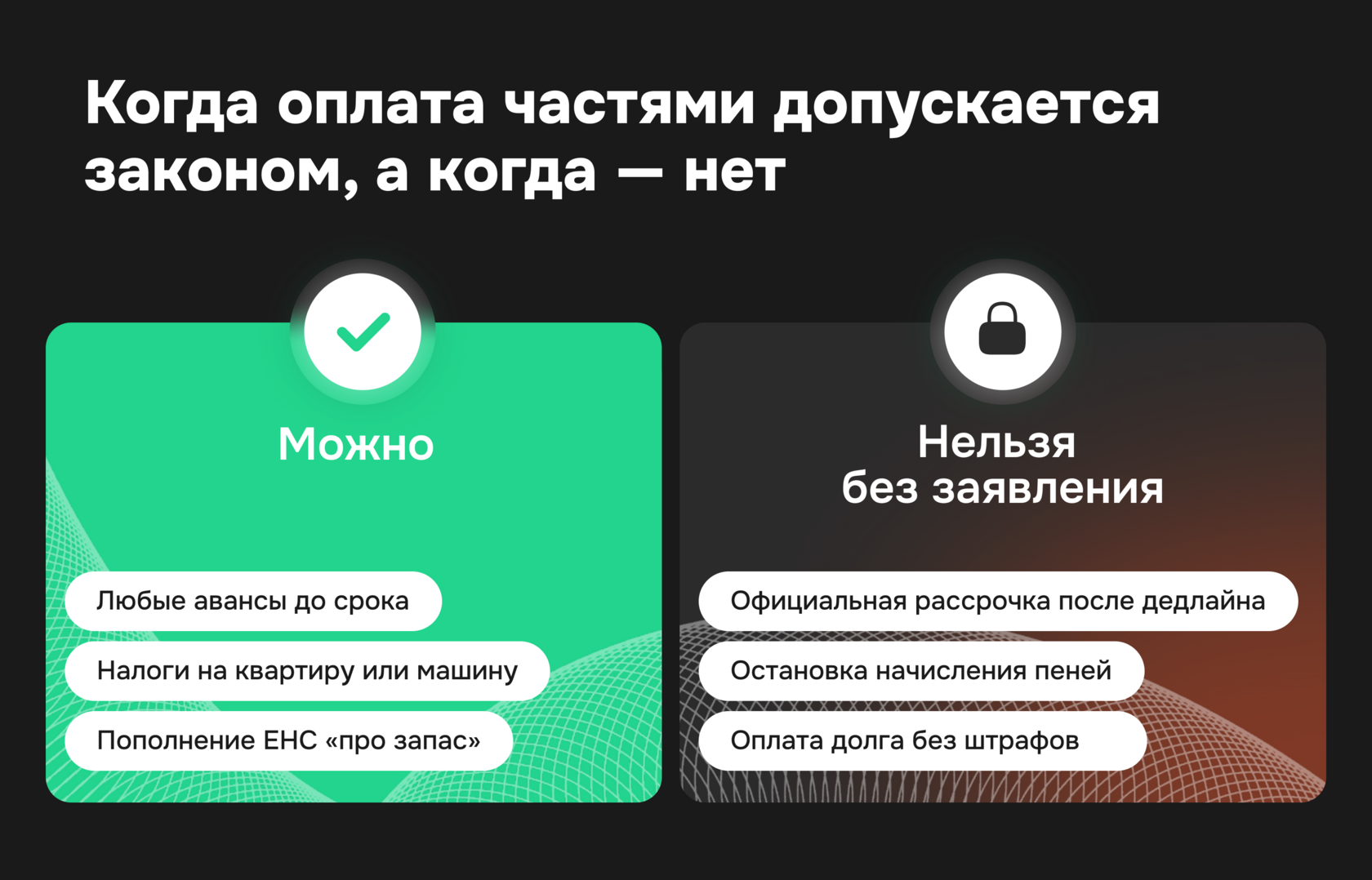 Инфографика о частичной оплате налогов: когда можно платить частями и когда нельзя без заявления