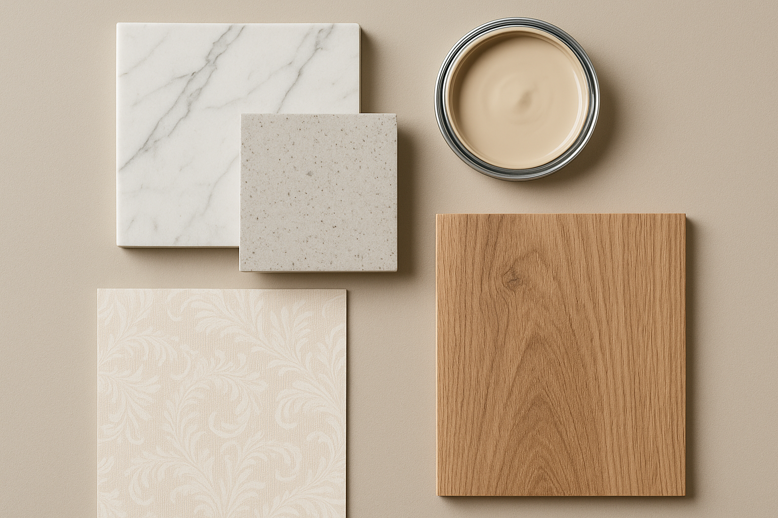 Коллаж отделочных материалов: образцы плитки, краски, обоев и ламината — студия дизайна Struktura, Тула
