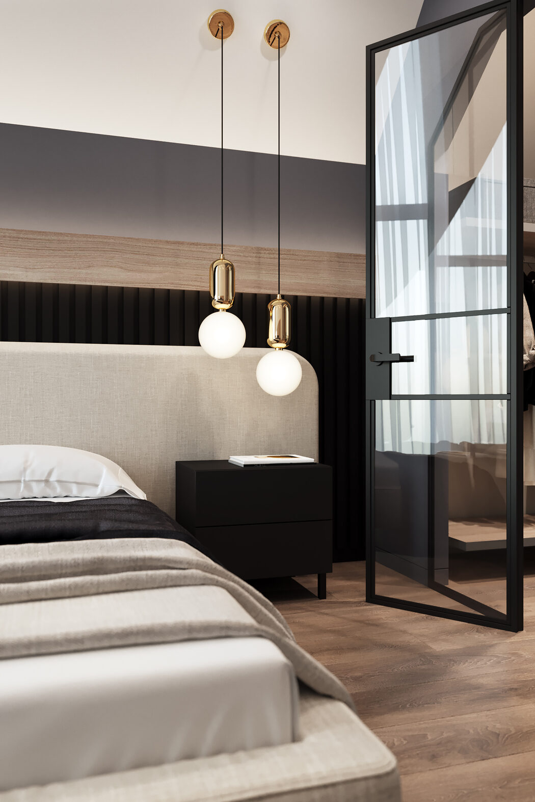 Suspensions design au-dessus de la table de nuit dans une chambre contemporaine