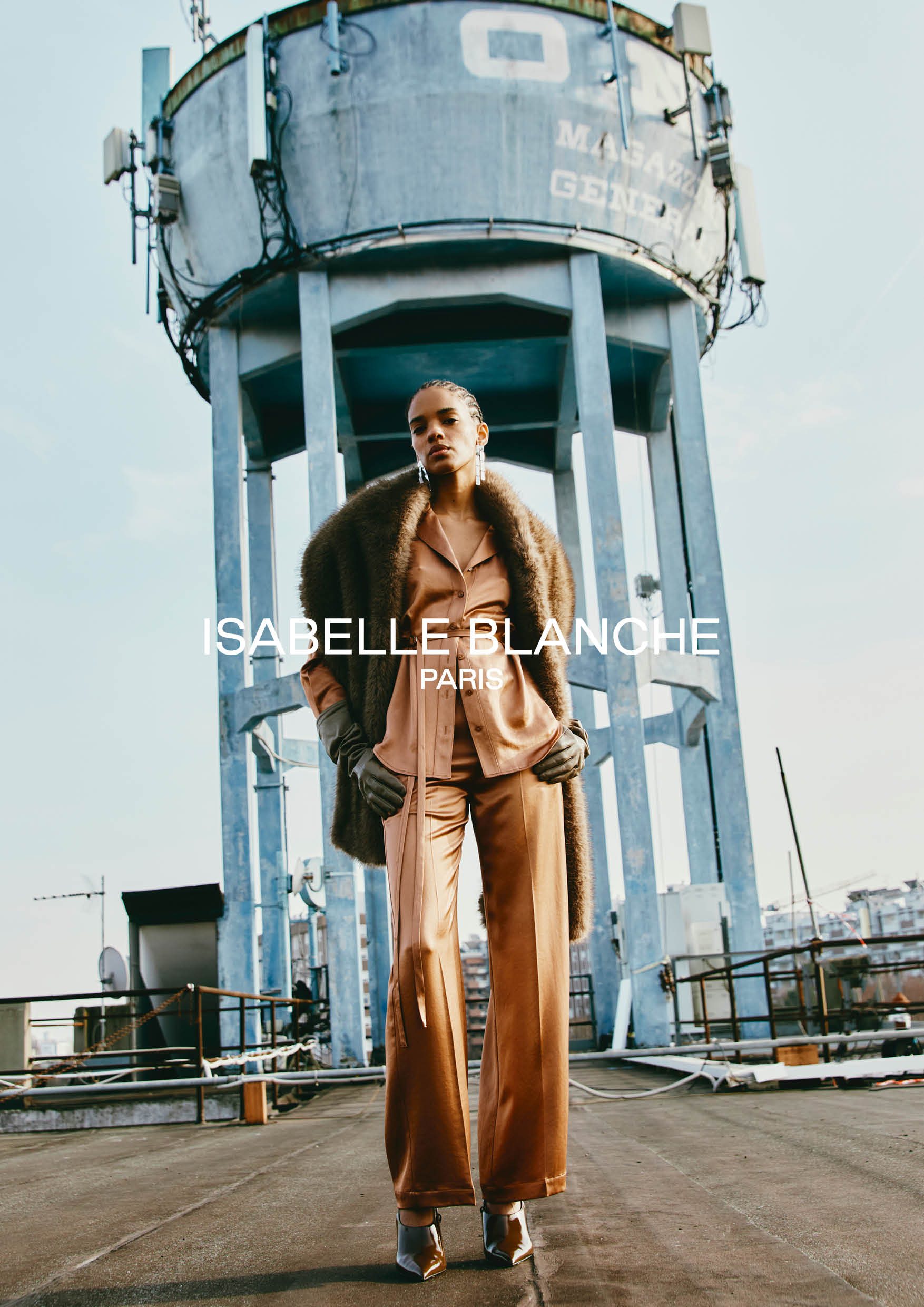 Isabelle Blanche Paris campaign: camel satin suit with faux-fur stole