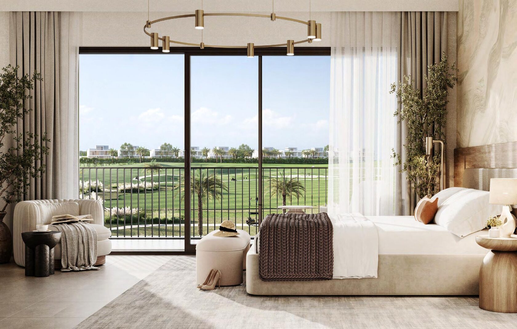 Golf Lane villa interior render in the bedroom with golf course views