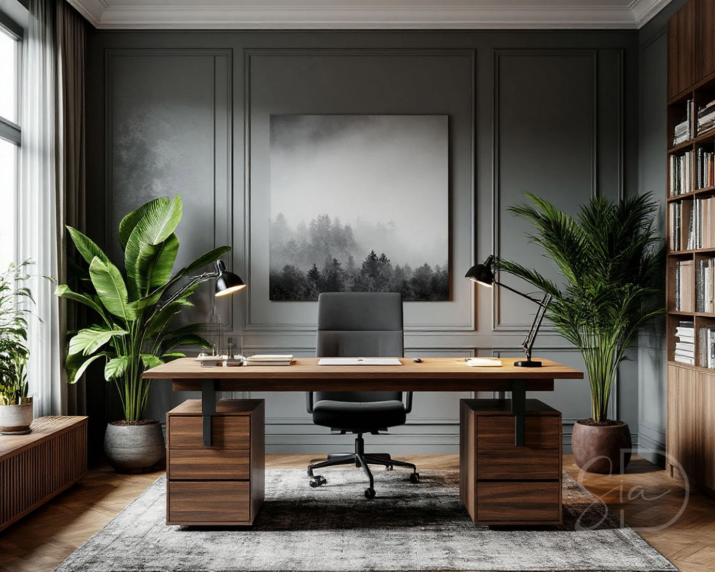 Рабочее пространство с интерьерной мебелью в цвете туман и строгой геометрией