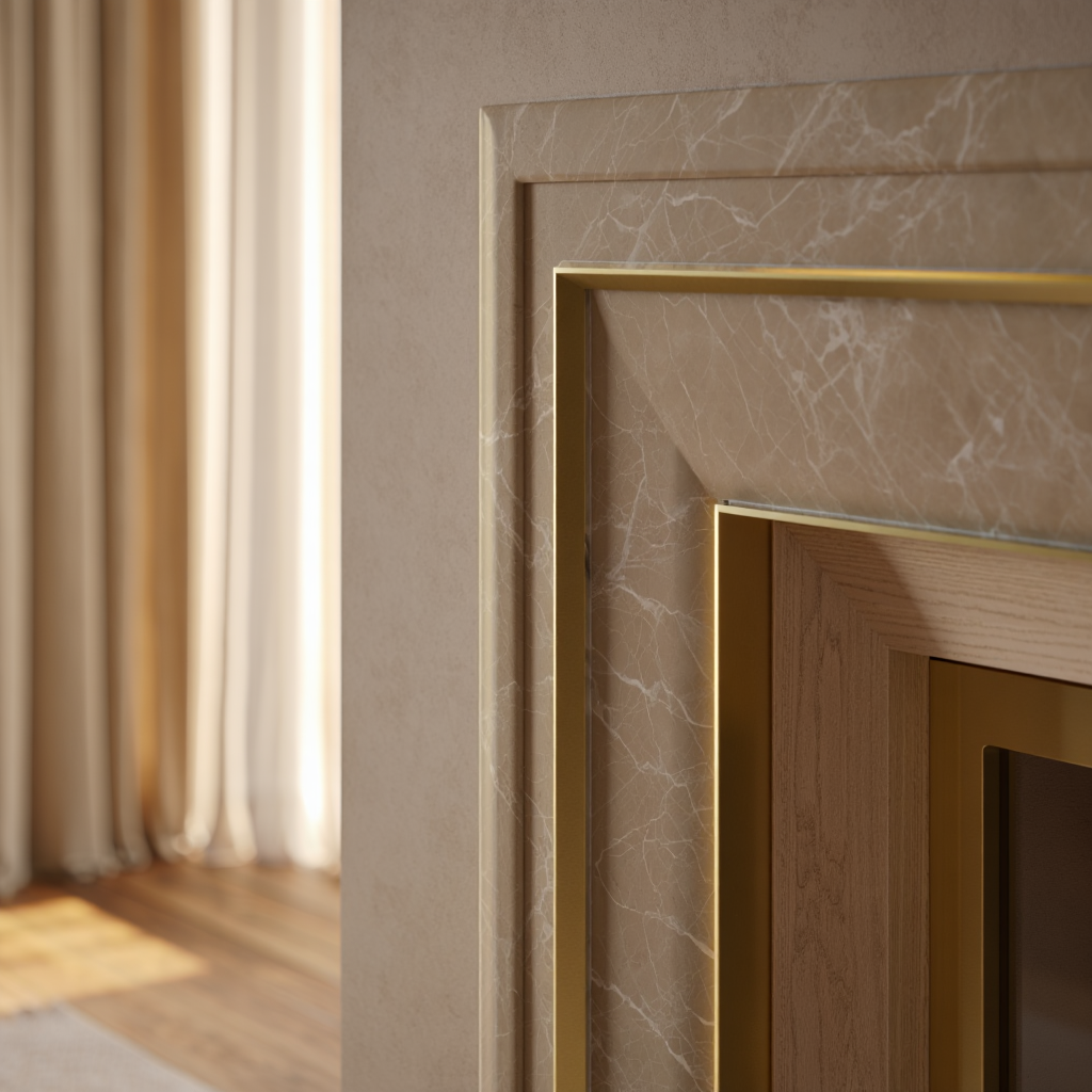 Портал камень—латунь—шпон: Calacatta, латунный профиль, дубовый шпон, тёплый свет, ровные фаски 2 мм