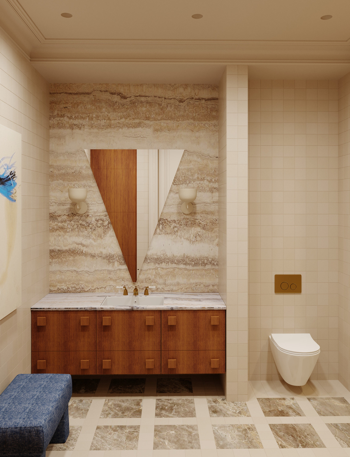 Детский санузел с зеркалом дизайнера Екатерины Фёдоровой и плиткой Mutina в загородном доме