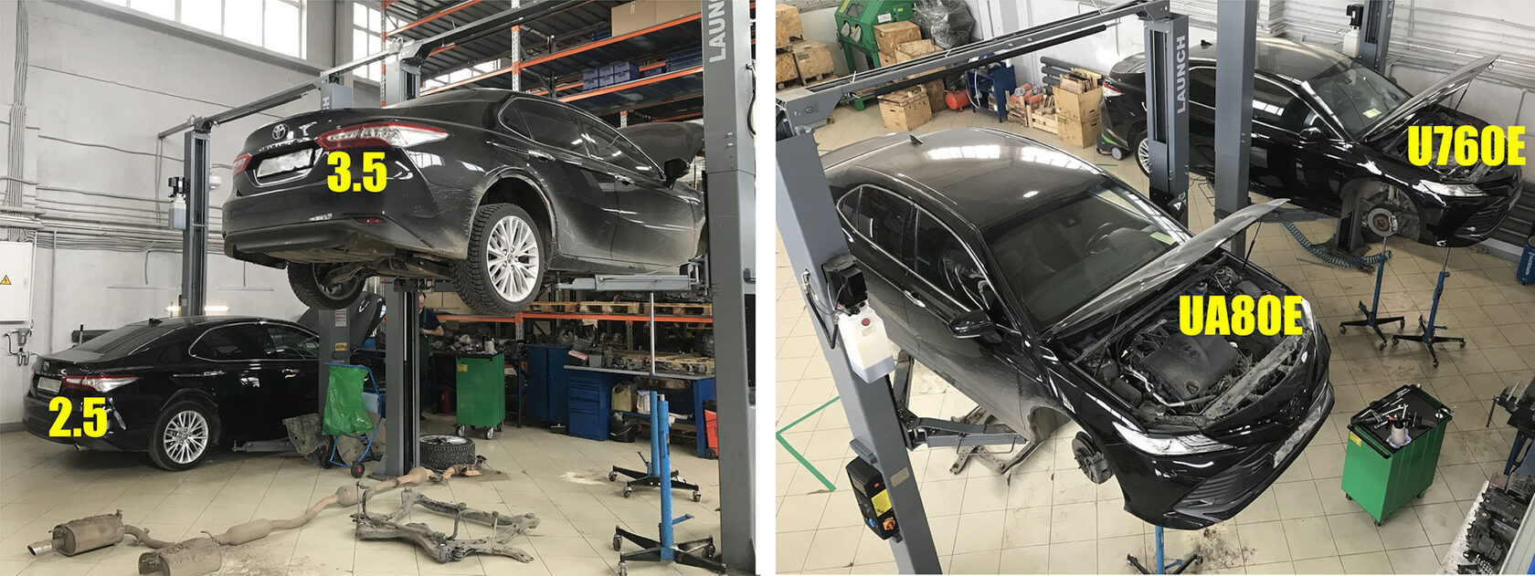 Две Toyota Camry 70 с двигателями 2.5 и 3.5 на подъёмниках в цеху ТРПЛАНТ