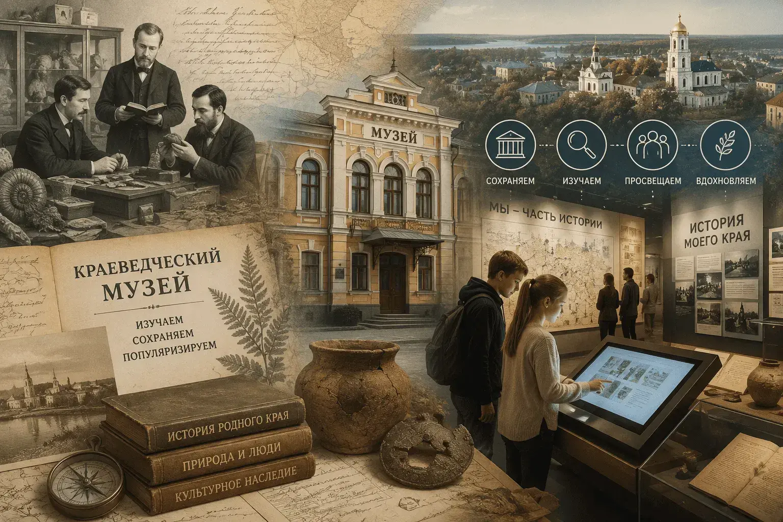 Иллюстрация к статье о современных направлениях историко-краеведческой работы в России: исследователи работают с историческими картами и архивными материалами, объединяя образование, музейное дело, экспедиции и сохранение историко-культурного наследия.