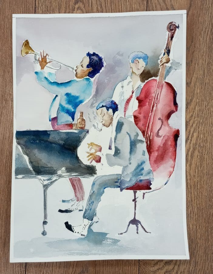 Музыканты акварельный набросок пятном