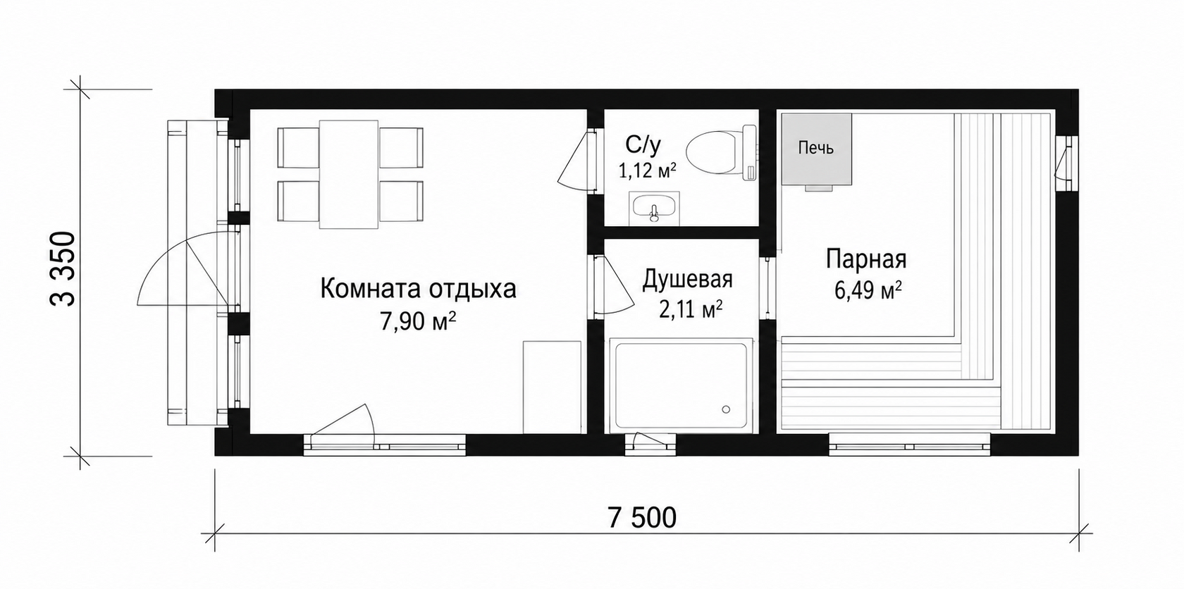 План сауны с комнатой отдыха и парной 1