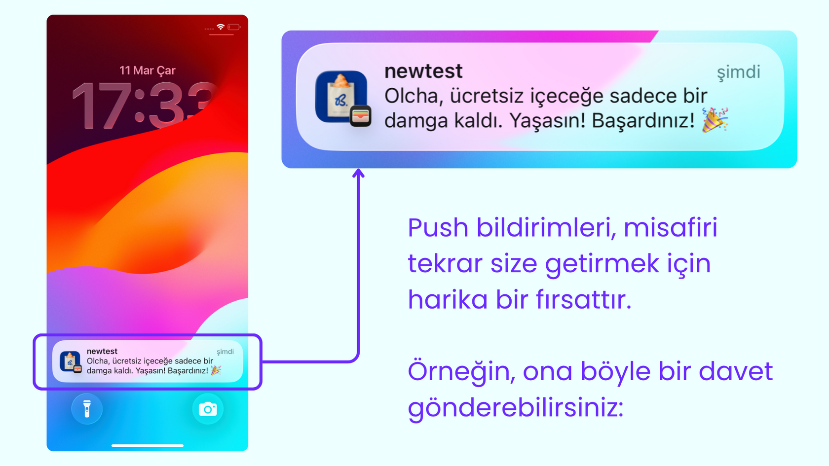 Ücretsiz push bildirimleri ile müşteri geri kazanımı ve restoran sadakat programı bildirim örneği