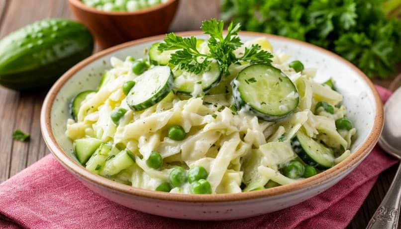 Салат из свежей капусты с огурцом и сметаной