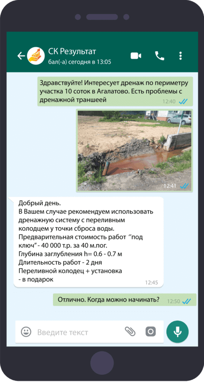 Переписка о цене дренажа под ключ в спб