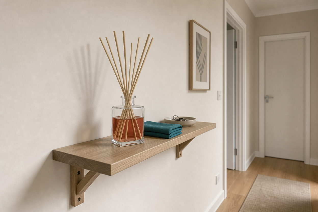 diffuser bottle placed on a stable shelf near a hallway, neutral decor, no specific brands or labels, with soft daylight