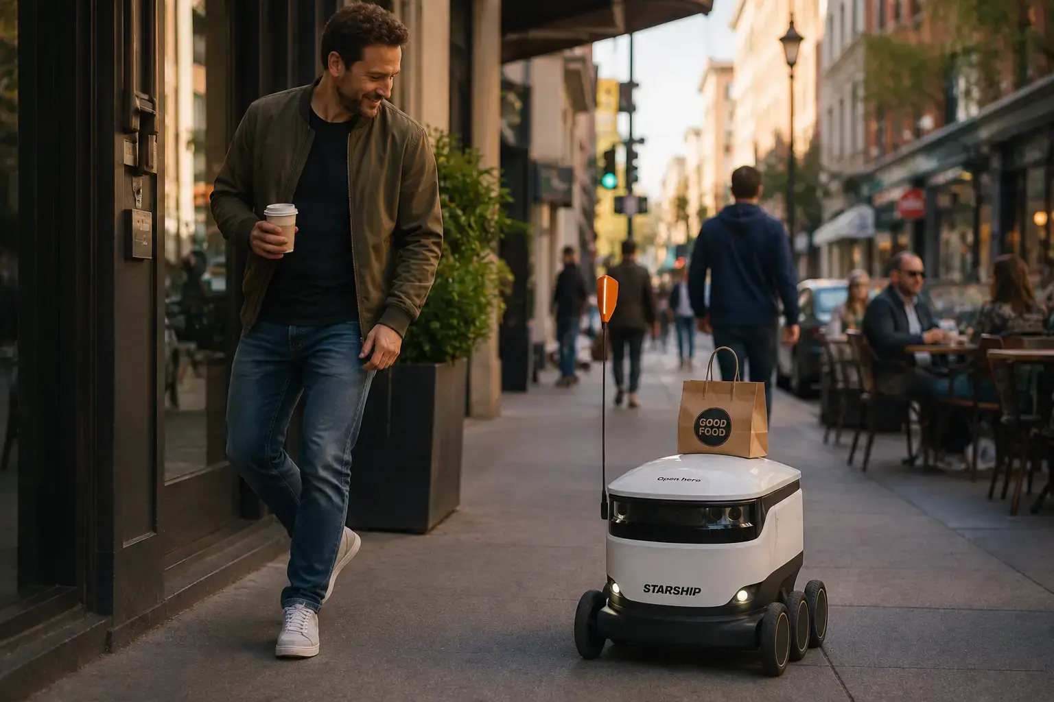Person in their 30s politely stepping aside with a smile for a small wheeled delivery robot carrying a food package, showing human courtesy toward autonomous sidewalk machines