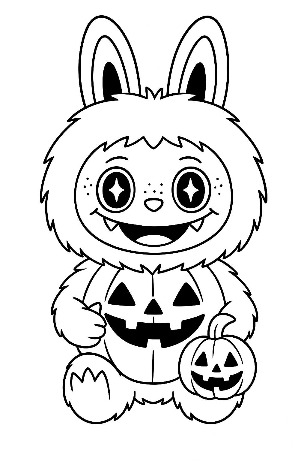 Раскраска Лабубу (Labubu) монстр скачать для детей в костюме хэллоуин с тыквой