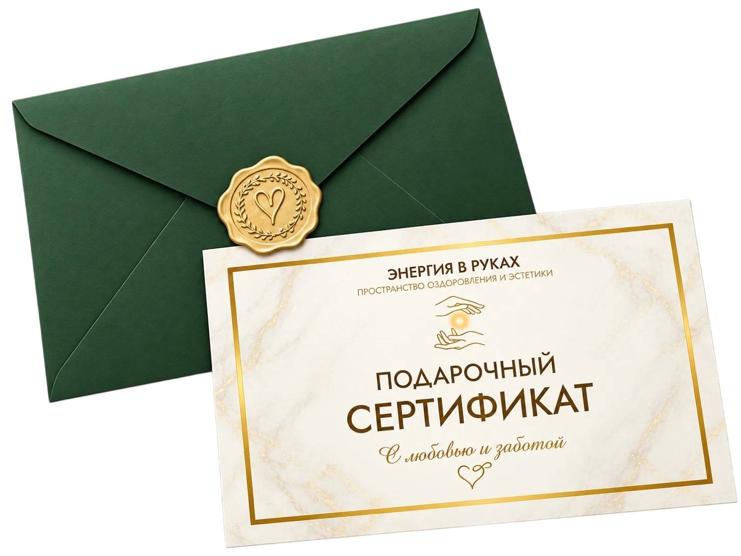 Подарочный сертификат в зелёном конверте с золотой печатью