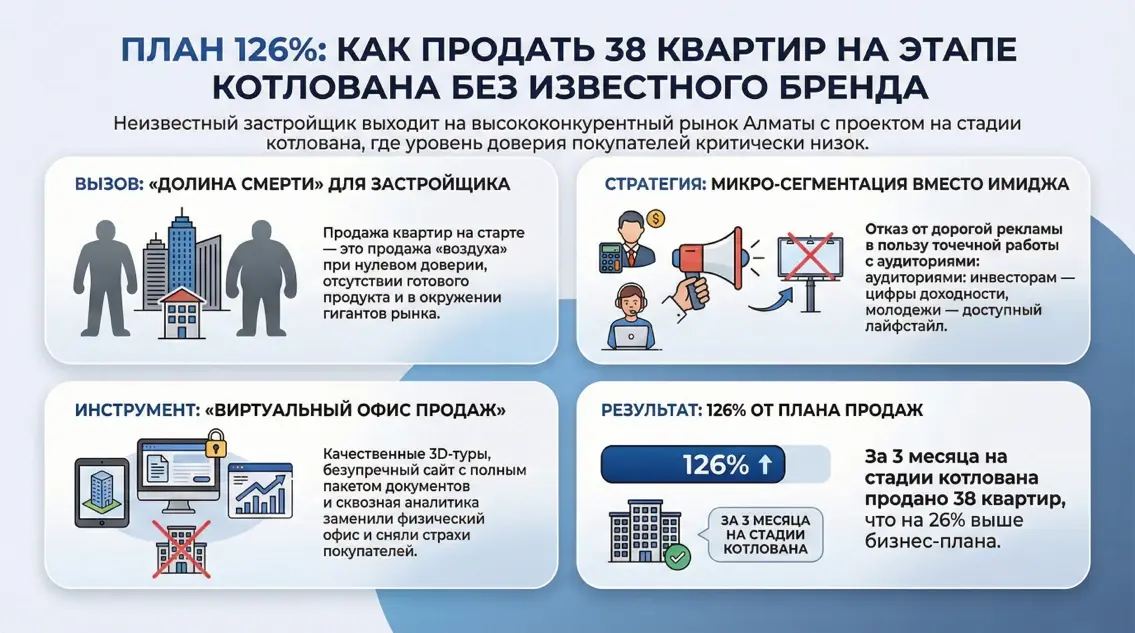 Инфографика: кейс Метриум по продаже 38 квартир на этапе котлована без известного бренда с помощью виртуального офиса