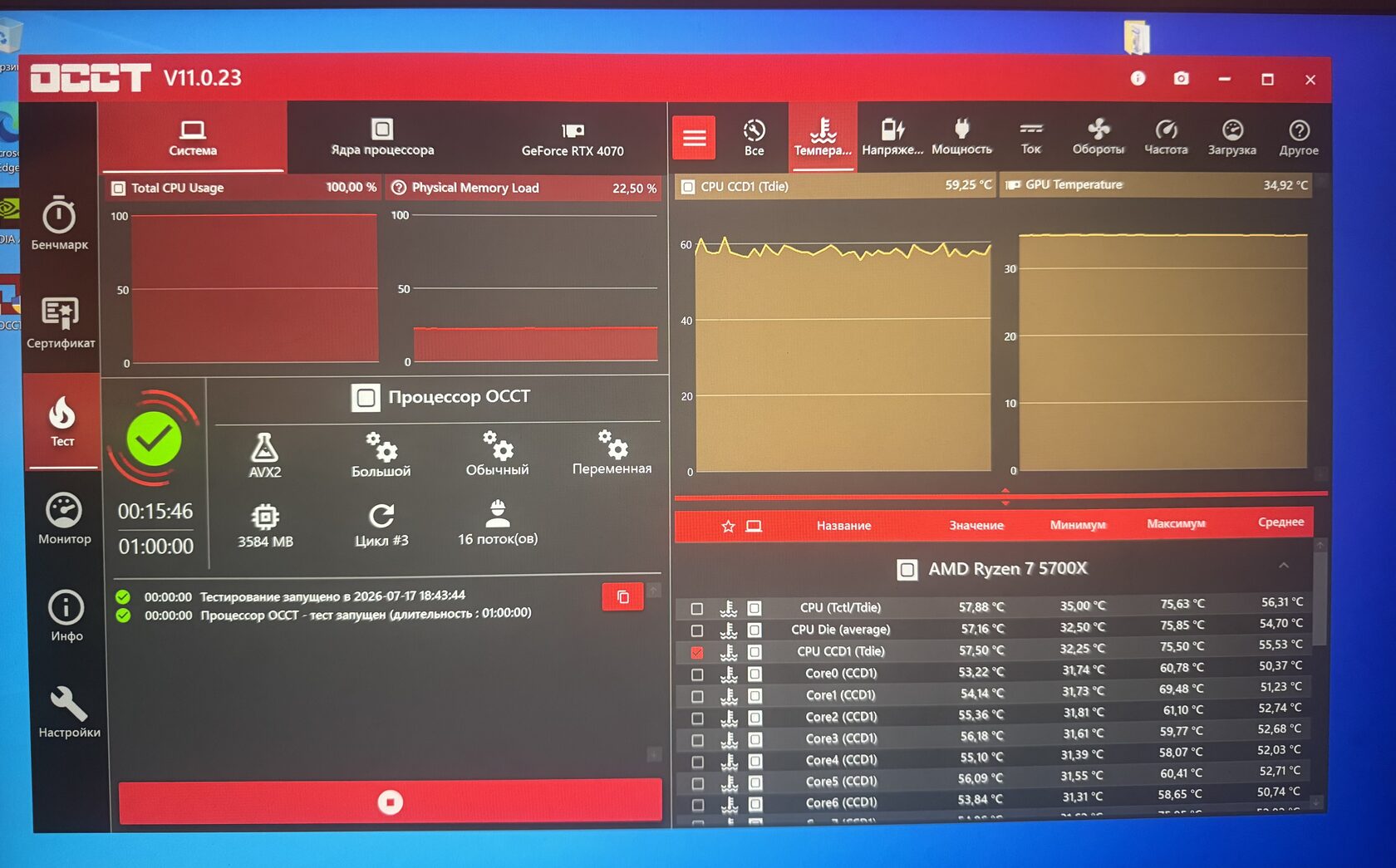 OCCT — тест Ryzen 7 5700X