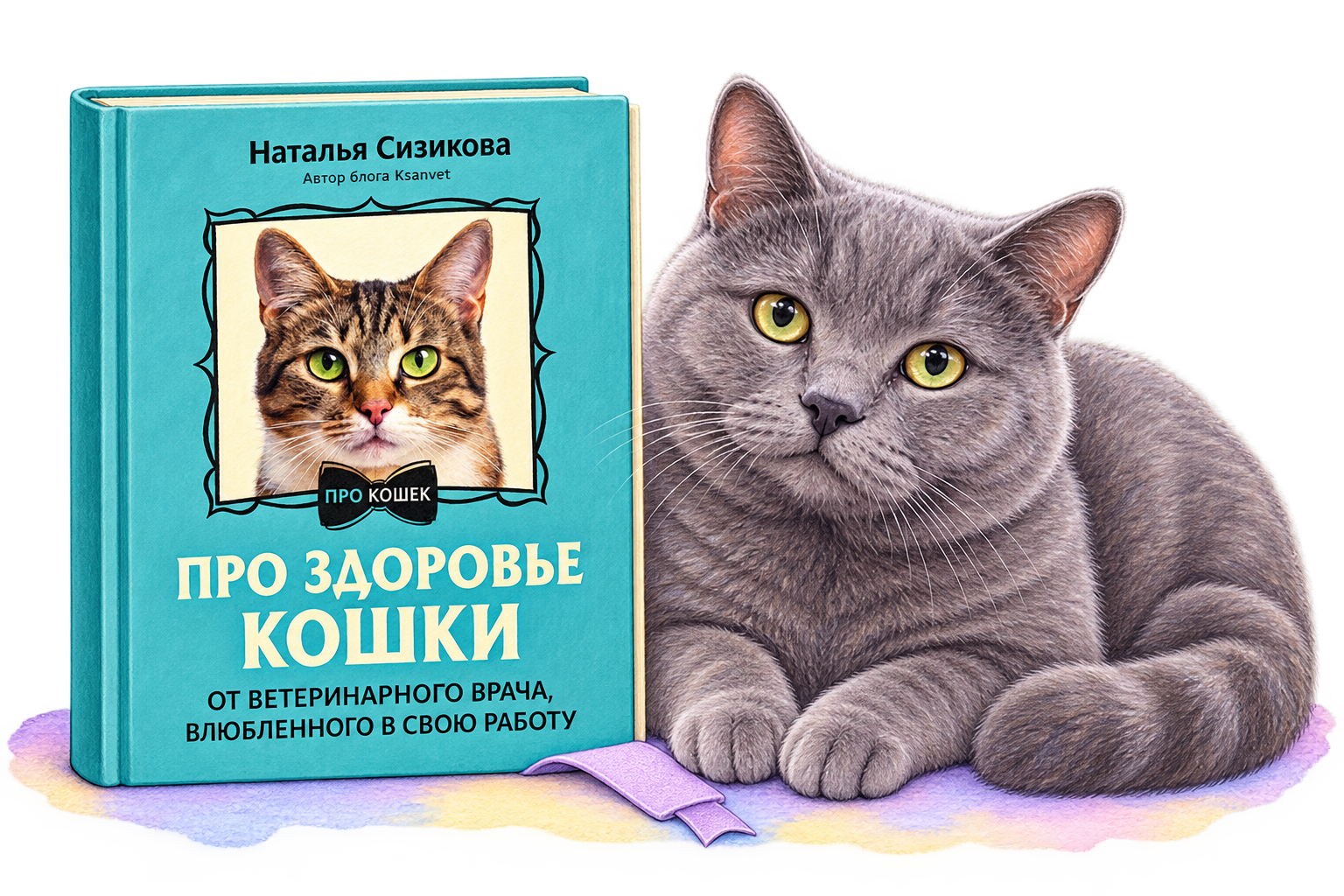 Моня рядом с книгой Натальи Сизиковой Про здоровье кошки