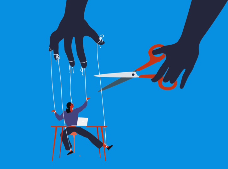 an icon of a person being held up by a puppet hand with strings attached, another puppet hand is holding scissors to cut the person down