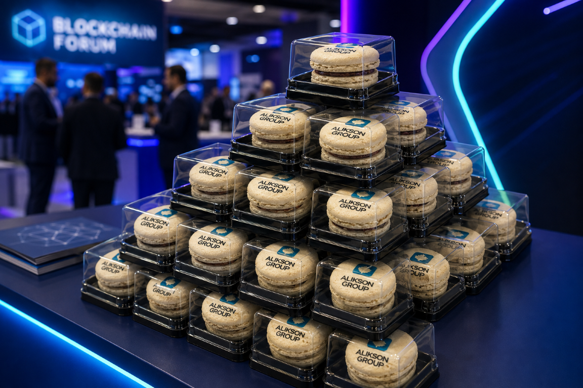 Пирамида брендированных макарунсов Alikson GROUP на стенде Blockchain Forum