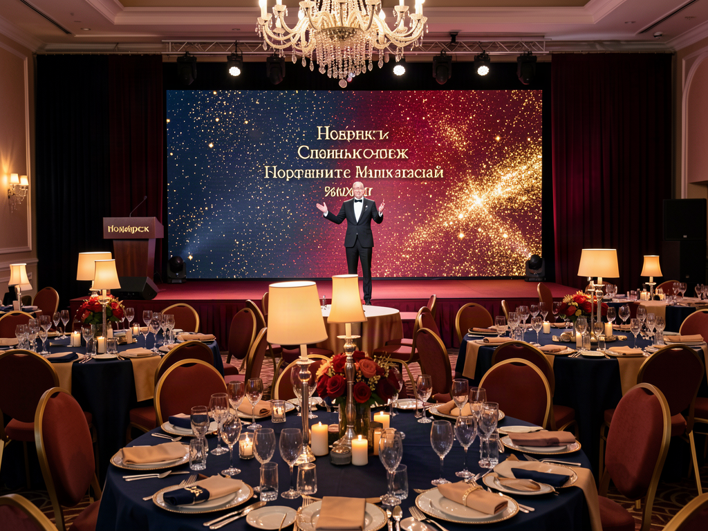 Corporate celebration banquet hall in Noyabrsk for trade house anniversary with decorated round tables, crystal glasses, warm accent lighting, and a stage where Russian hosts present awards, 50% navy blue, 30% deep crimson red, 20% sparkling gold