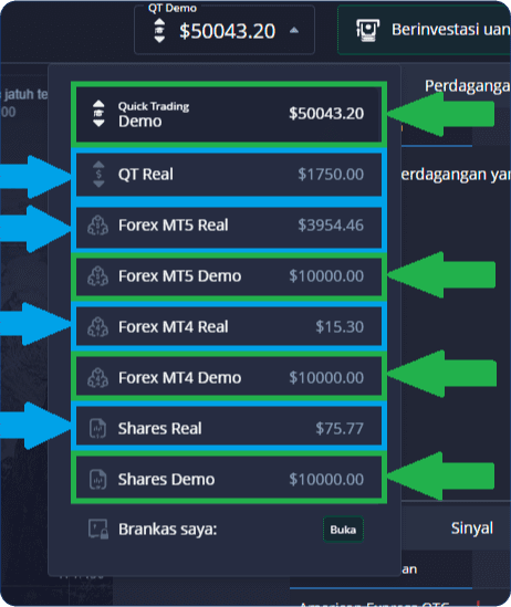 Menyiapkan aplikasi Pocket Option di komputer - opsi untuk memilih platform perdagangan di jendela perdagangan