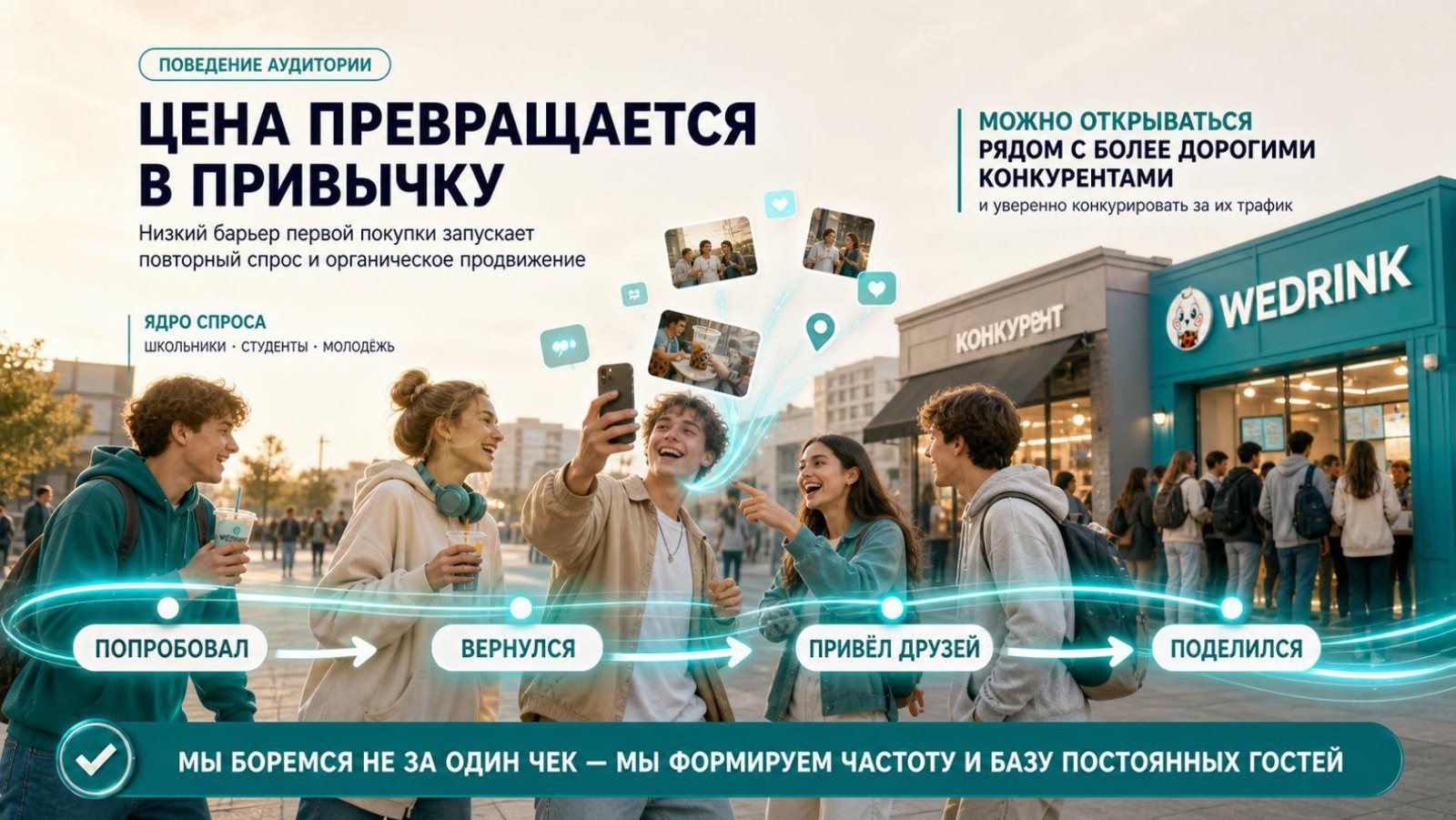 Цена превращается в привычку: попробовал, вернулся, привёл друзей, поделился