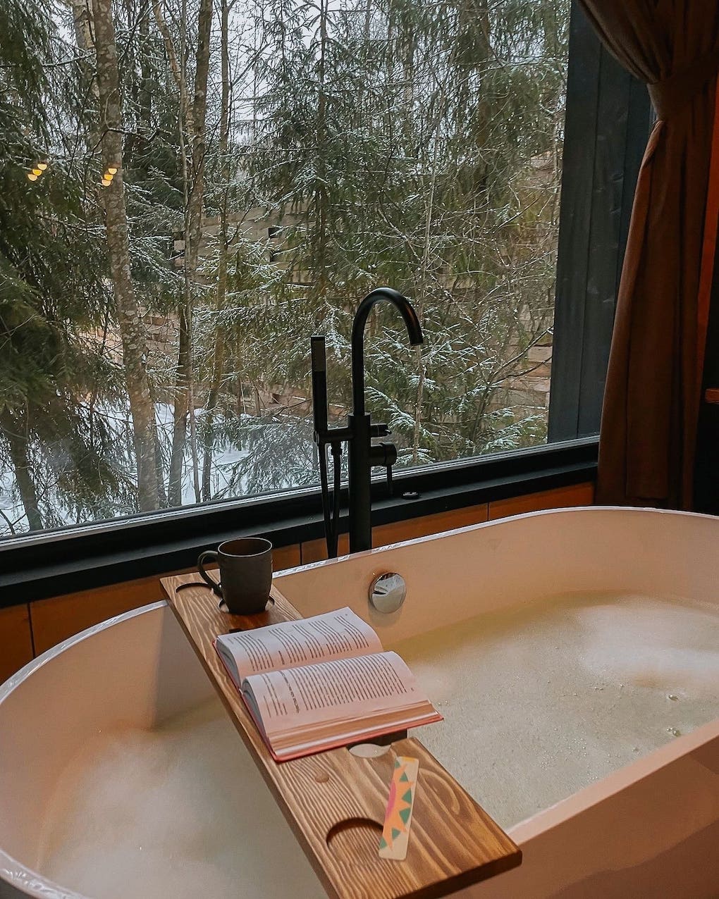 Уютный интерьер домика для двоих с панорамными окнами и ванной у окна