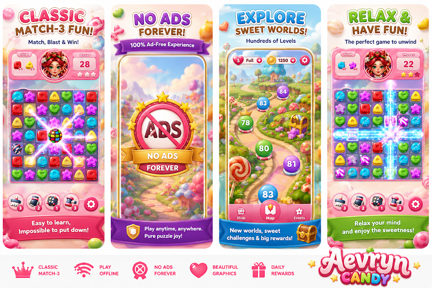 Aevryn Candy, a classic match-3 game with no ads for Android
