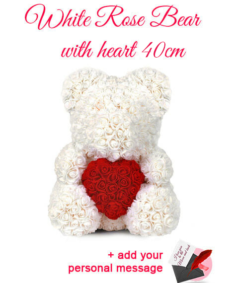 Rose Bear made of white 3D roses holding a heart made of red 3D