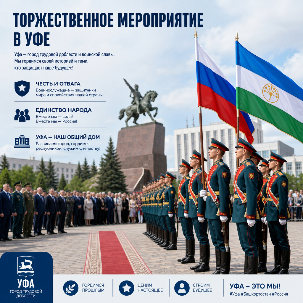 Торжественное мероприятие в Уфе — военнослужащие в парадной форме стоят в строю на городской площади, на заднем плане флаги России и Республики Башкортостан, присутствуют официальные лица и горожане