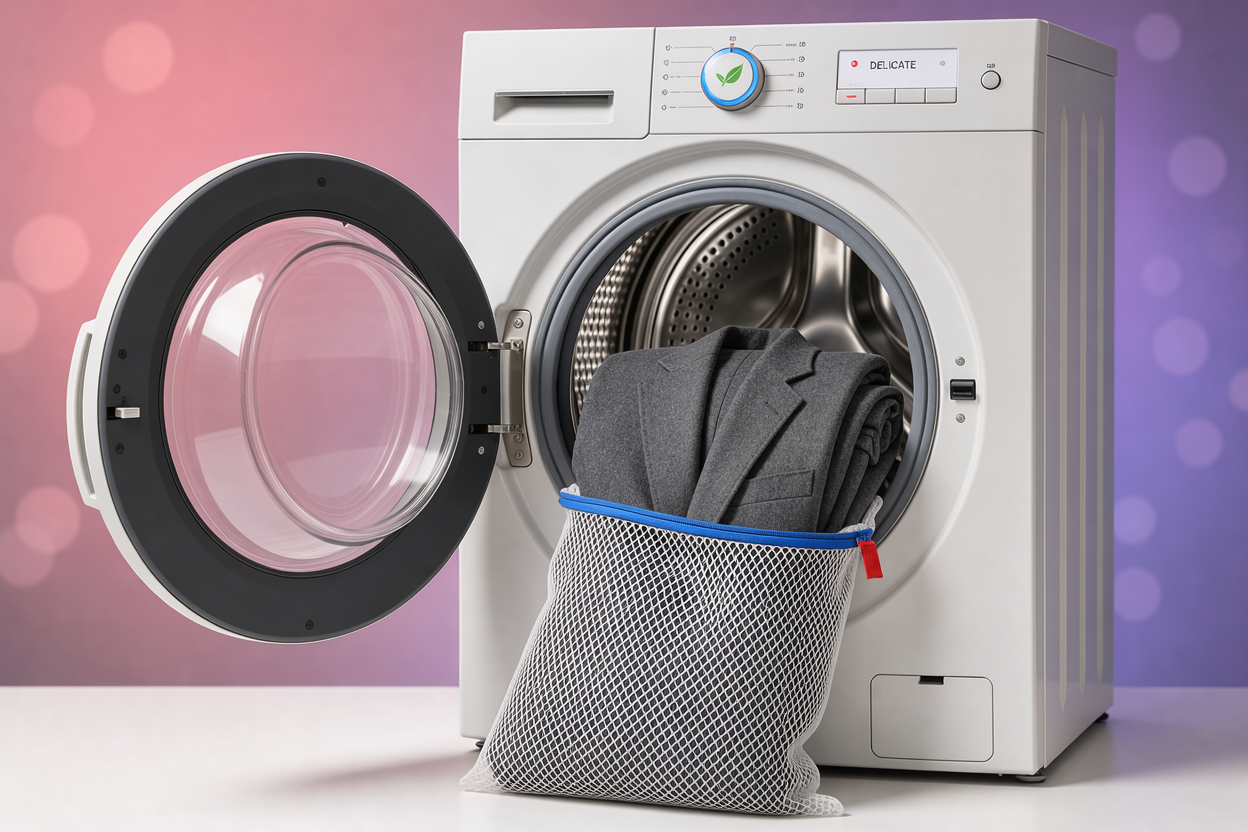 Gently rolled suit inside a mesh laundry bag placed into a washing machine drum, showing delicate cycle indicator, no brand logos or cleaning products