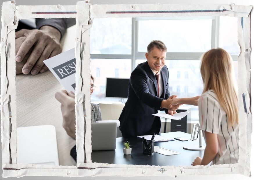 Собеседование в офисе — мужчина жмёт руку женщине