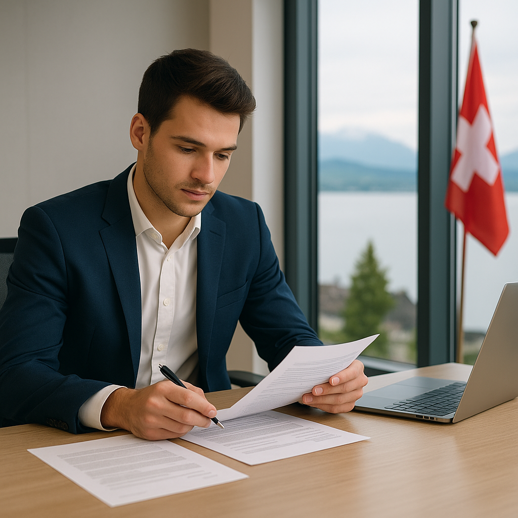 Imprenditore che esamina documenti legali con il Lago di Zug e la bandiera svizzera sullo sfondo