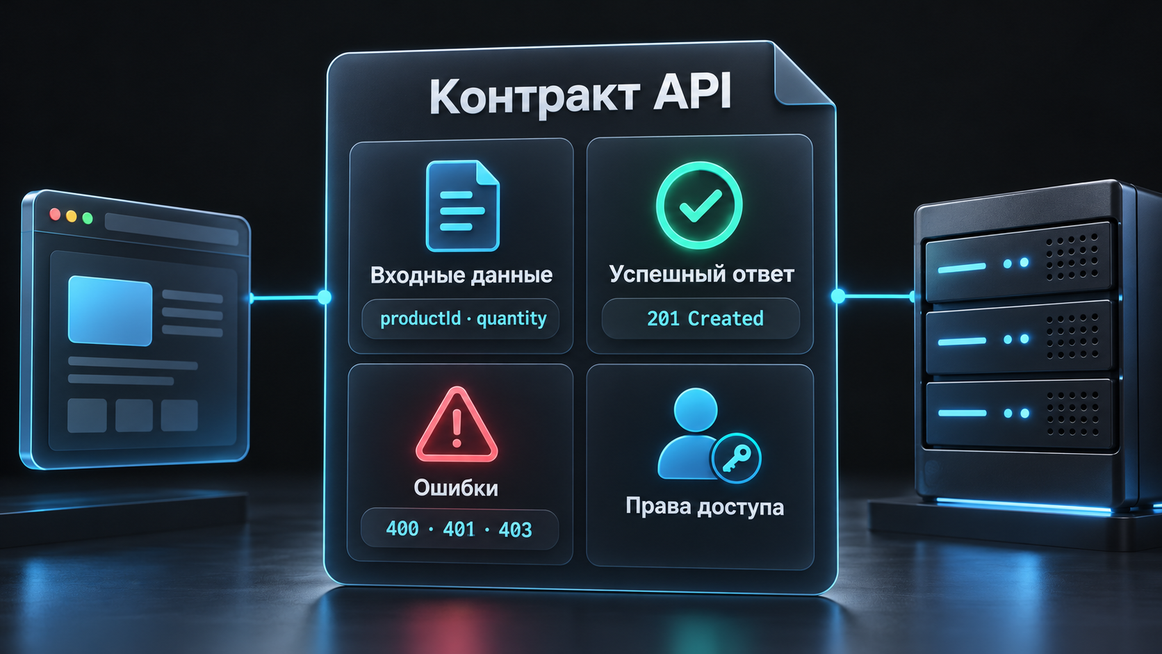 Контракт API описывает входные данные productId и quantity, успешный ответ 201 Created, ошибки 400, 401, 403 и права доступа.
