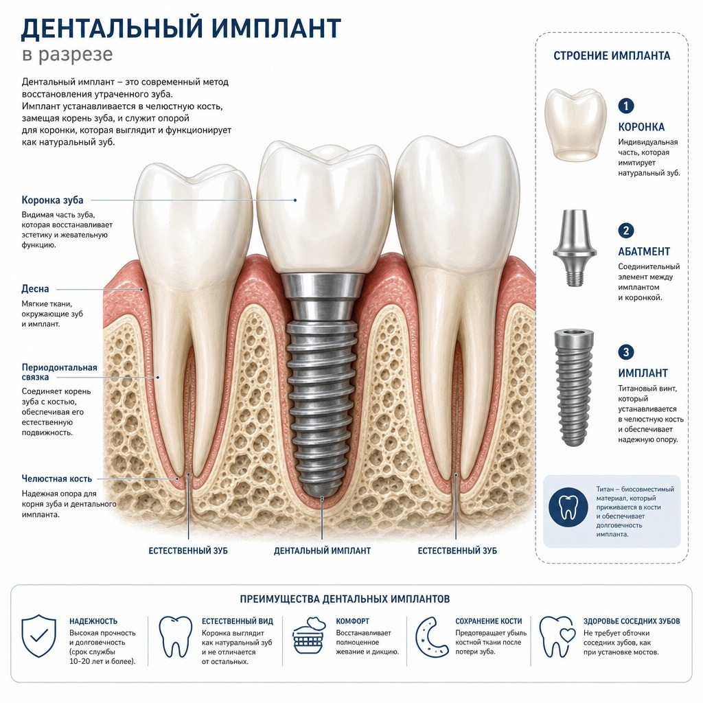 схема дентального импланта в челюстной кости рядом с естественными зубами в разрезе