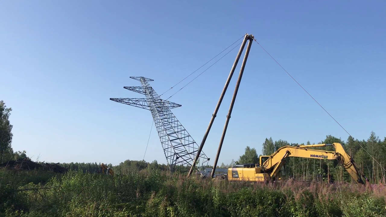 Монтаж опор. Монтажная Падающая стрела МПС-25т. А-образная монтажная Падающая стрела МПС-25т. Опора ПС 330-5-У. Подъем мачты методом падающей стрелы.