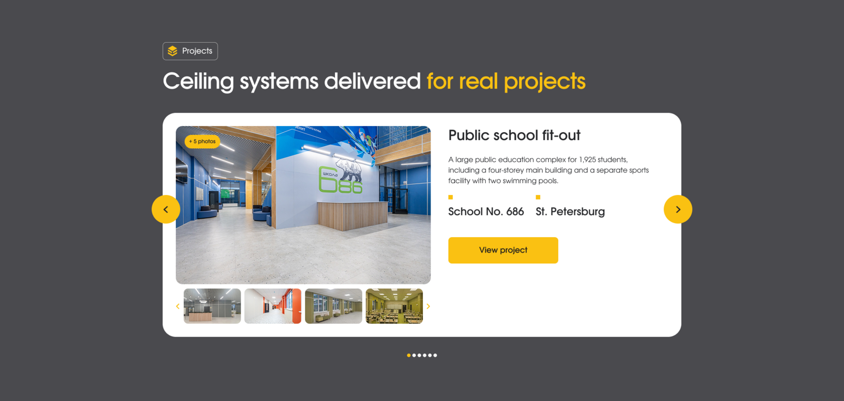 StroyTrust projects section featuring a public school fit-out case study with project photos and location details