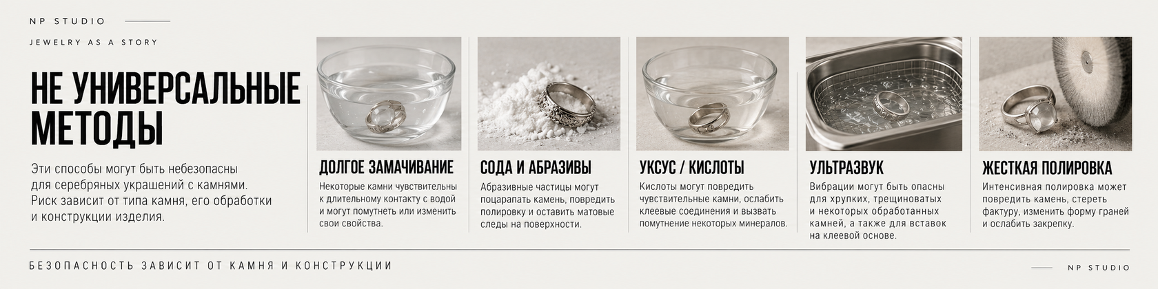 Не универсальные методы чистки серебра с камнями: долгое замачивание, сода и абразивы, уксус и кислоты, ультразвук, жёсткая полировка